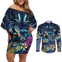 Plumeria Turtles Traditional Tribal Couples Matching Off Shoulder Short Dress and Long Sleeve Button Shirt