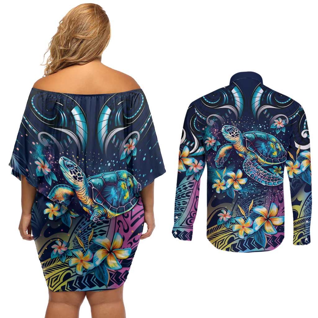 Plumeria Turtles Traditional Tribal Couples Matching Off Shoulder Short Dress and Long Sleeve Button Shirt