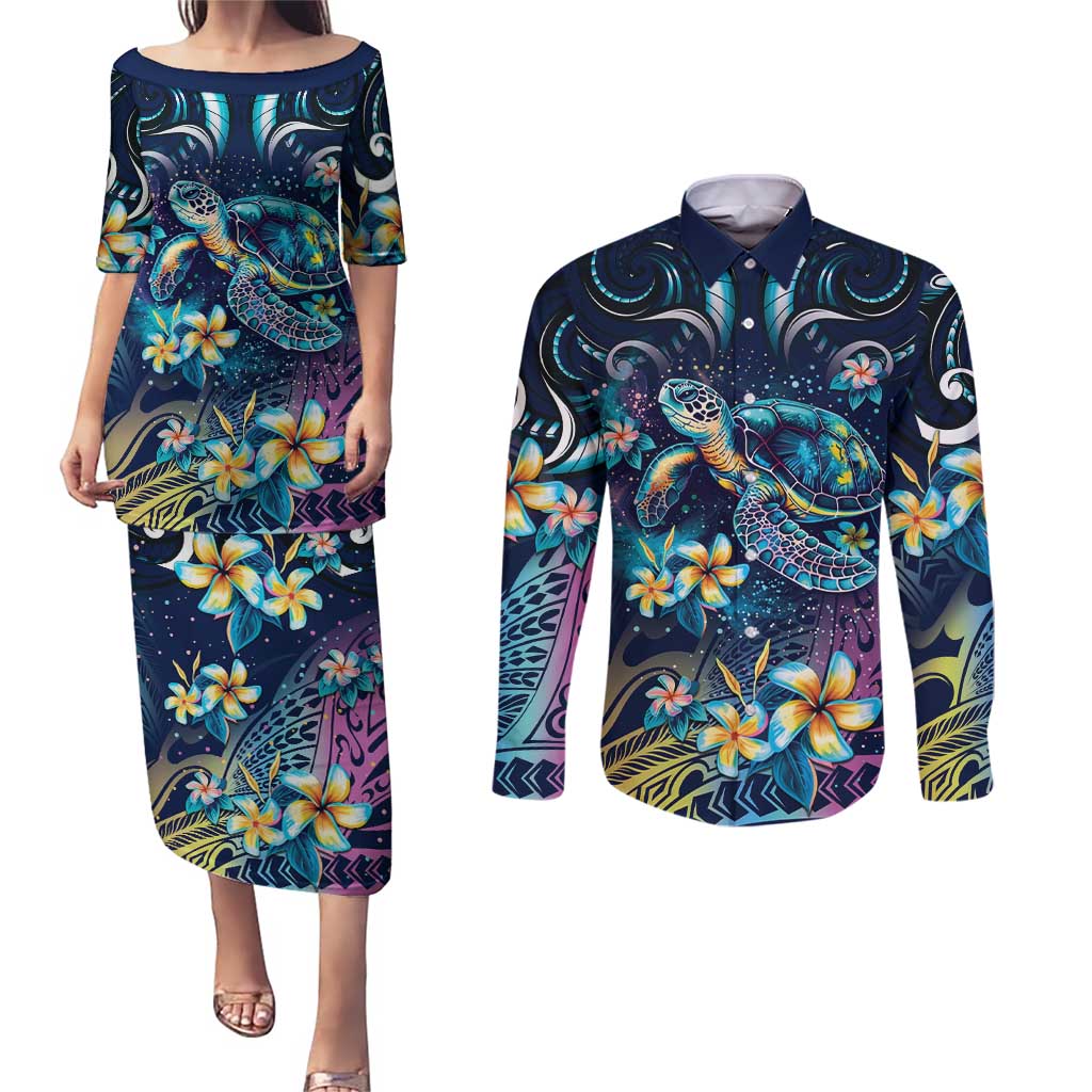 Plumeria Turtles Traditional Tribal Couples Matching Puletasi and Long Sleeve Button Shirt