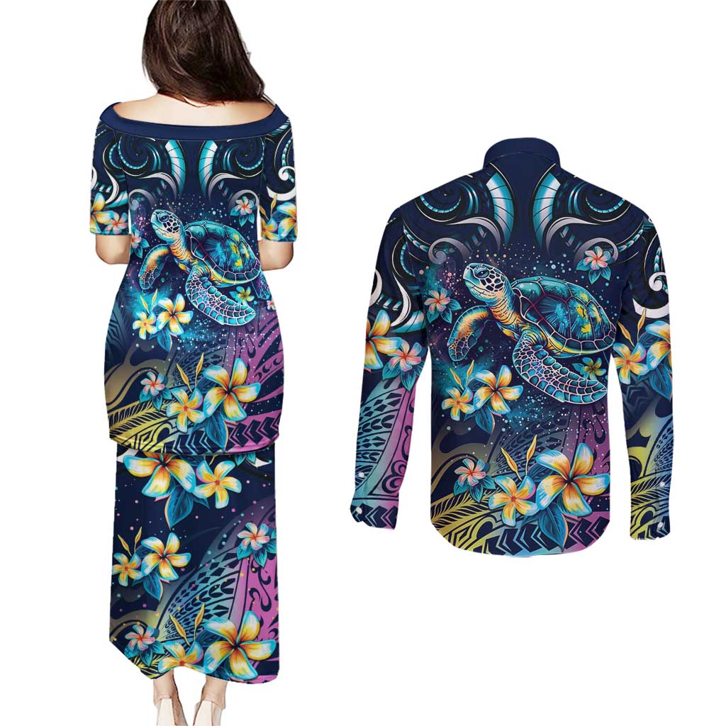Plumeria Turtles Traditional Tribal Couples Matching Puletasi and Long Sleeve Button Shirt