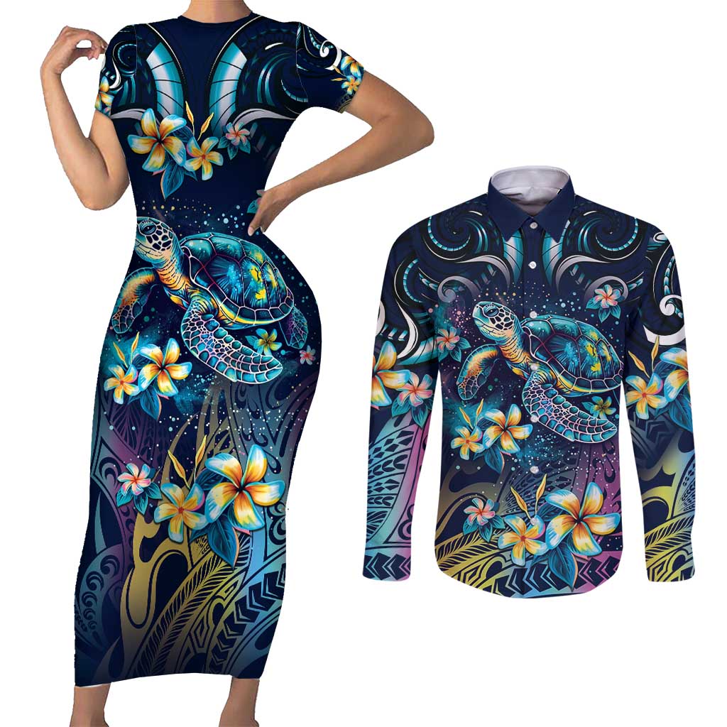 Plumeria Turtles Traditional Tribal Couples Matching Short Sleeve Bodycon Dress and Long Sleeve Button Shirt