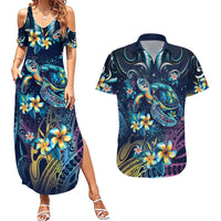 Plumeria Turtles Traditional Tribal Couples Matching Summer Maxi Dress and Hawaiian Shirt