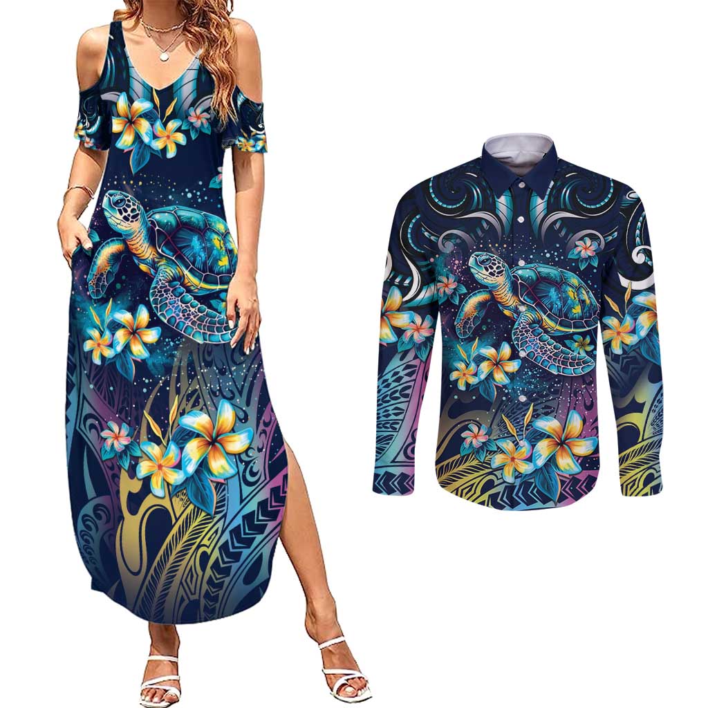Plumeria Turtles Traditional Tribal Couples Matching Summer Maxi Dress and Long Sleeve Button Shirt