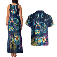 Plumeria Turtles Traditional Tribal Couples Matching Tank Maxi Dress and Hawaiian Shirt