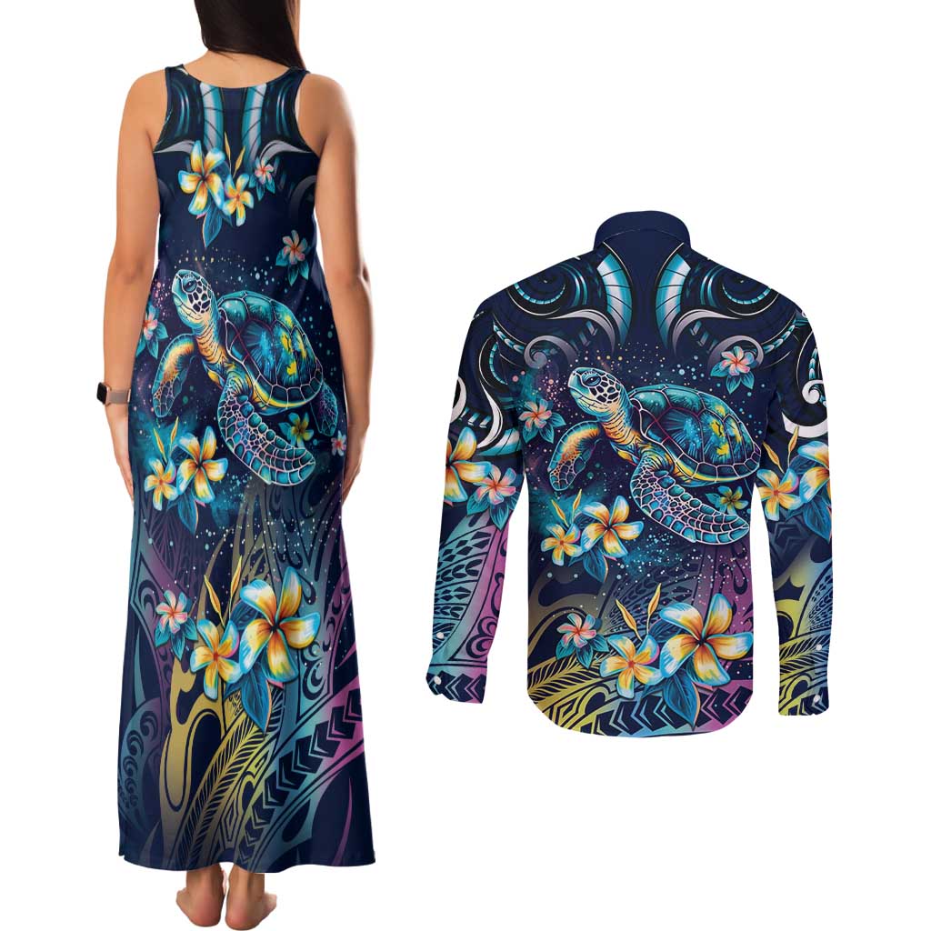 Plumeria Turtles Traditional Tribal Couples Matching Tank Maxi Dress and Long Sleeve Button Shirt