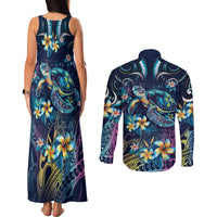 Plumeria Turtles Traditional Tribal Couples Matching Tank Maxi Dress and Long Sleeve Button Shirt