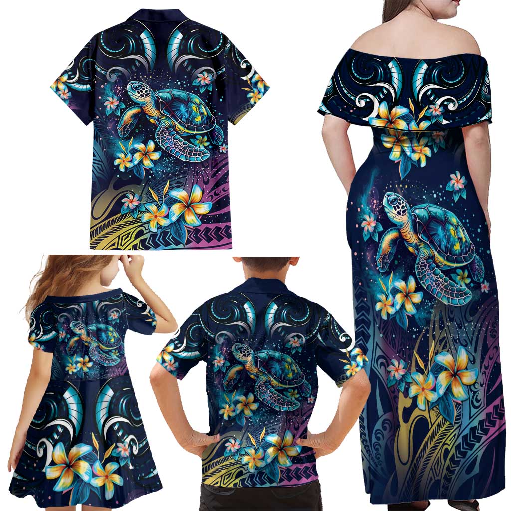 Plumeria Turtles Traditional Tribal Family Matching Off Shoulder Maxi Dress and Hawaiian Shirt