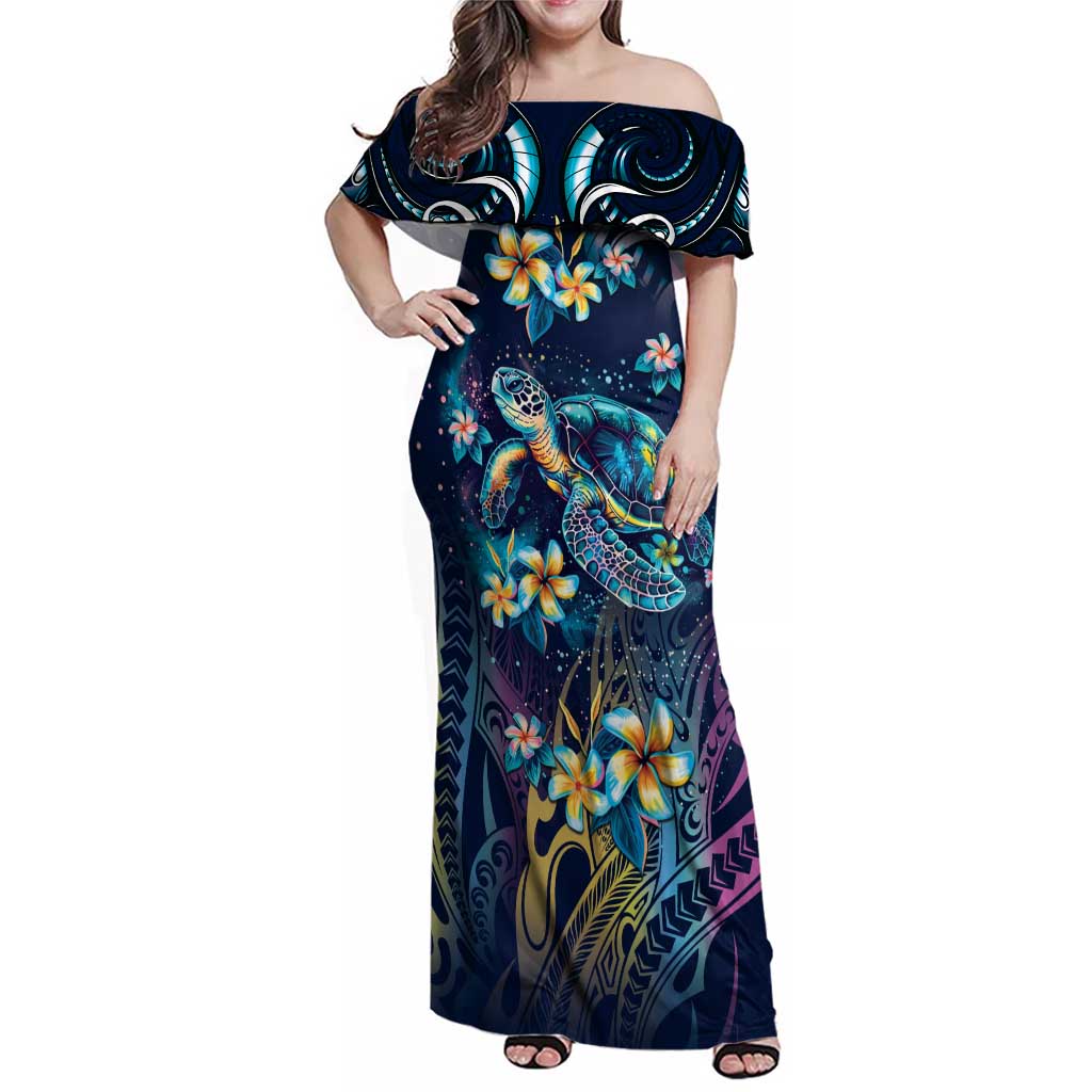 Plumeria Turtles Traditional Tribal Family Matching Off Shoulder Maxi Dress and Hawaiian Shirt