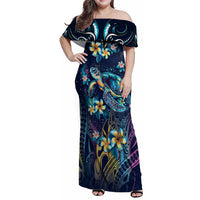 Plumeria Turtles Traditional Tribal Family Matching Off Shoulder Maxi Dress and Hawaiian Shirt
