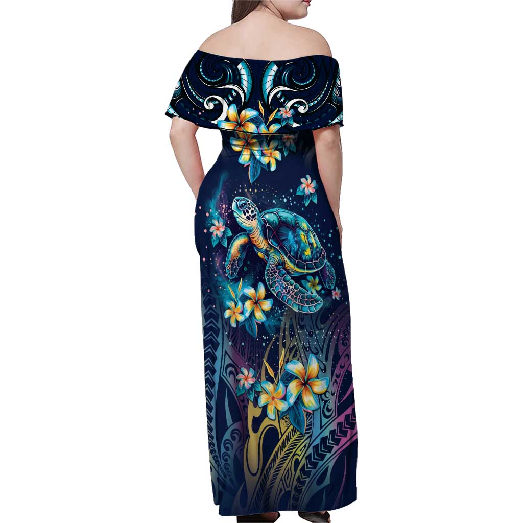 Plumeria Turtles Traditional Tribal Family Matching Off Shoulder Maxi Dress and Hawaiian Shirt