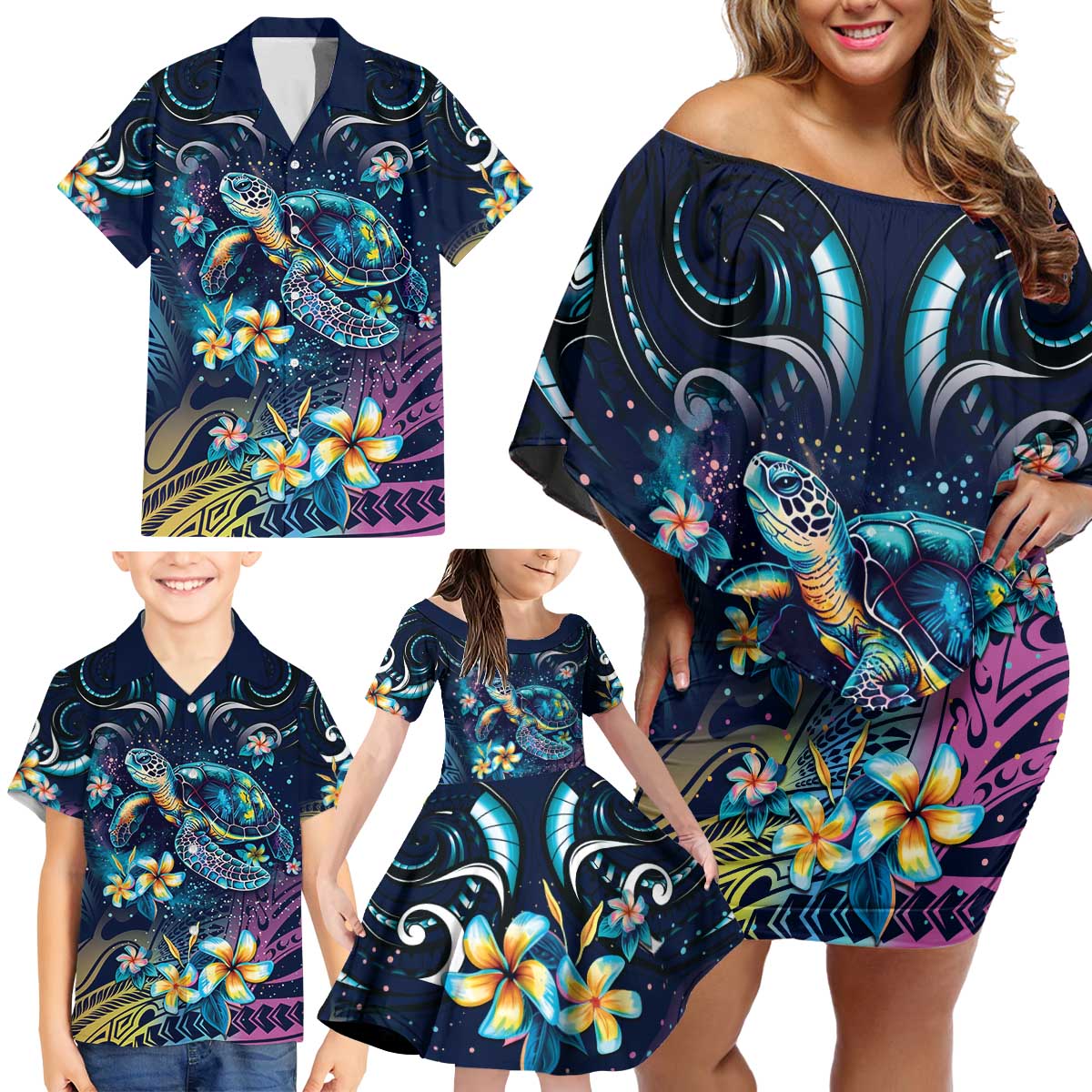 Plumeria Turtles Traditional Tribal Family Matching Off Shoulder Short Dress and Hawaiian Shirt