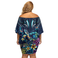 Plumeria Turtles Traditional Tribal Family Matching Off Shoulder Short Dress and Hawaiian Shirt