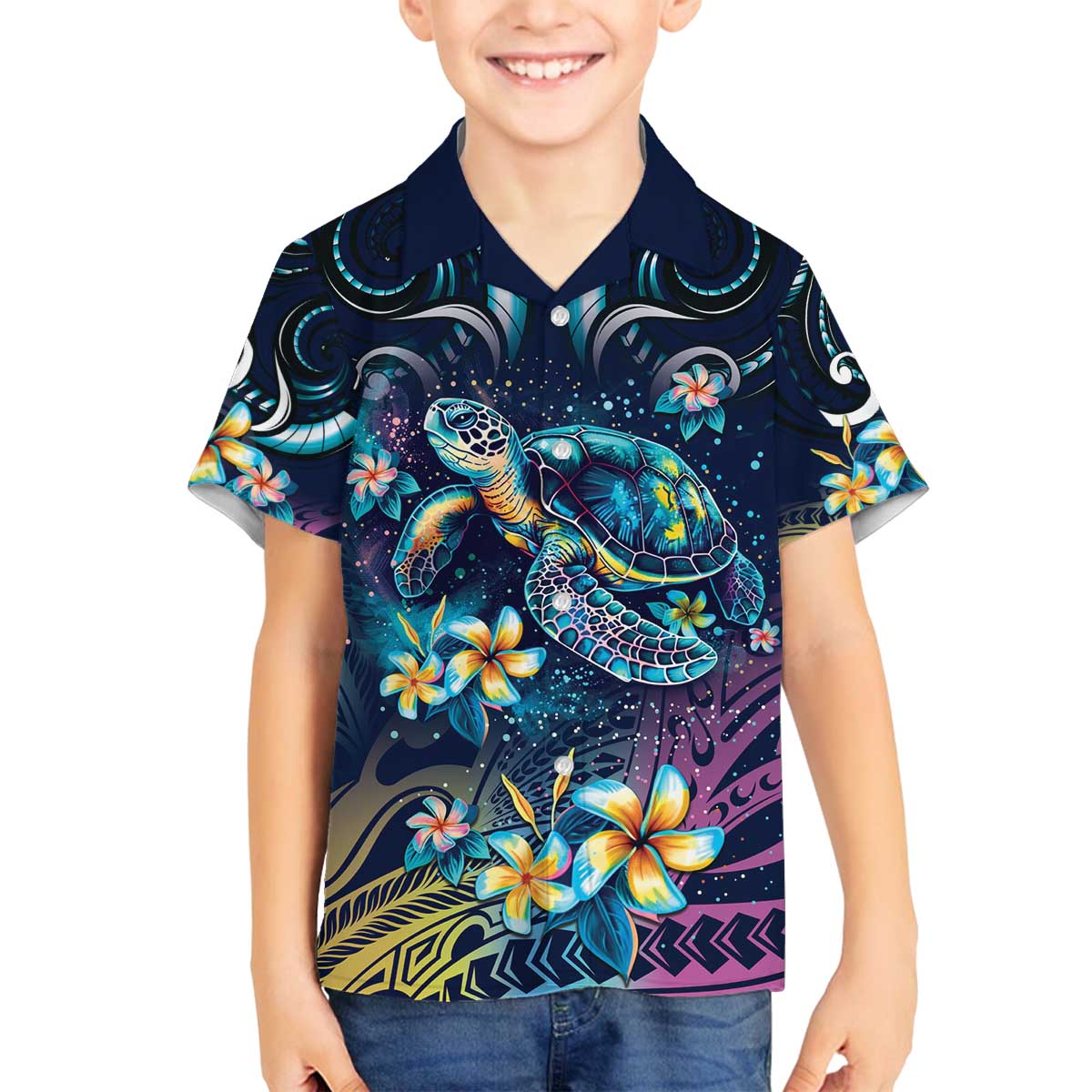 Plumeria Turtles Traditional Tribal Family Matching Off Shoulder Short Dress and Hawaiian Shirt