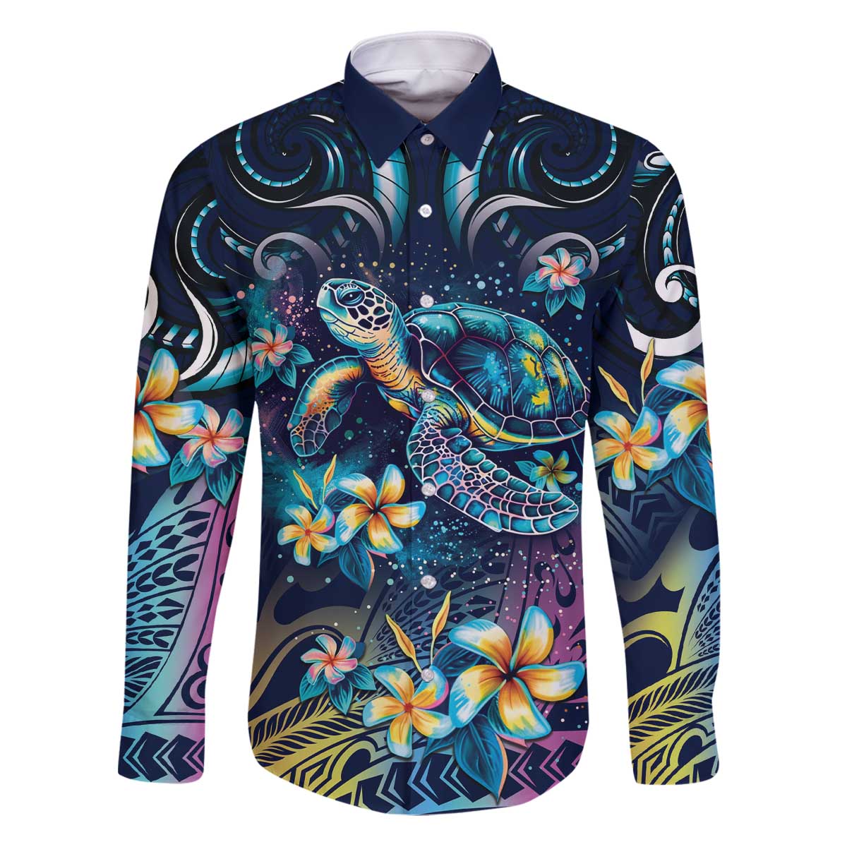 Plumeria Turtles Traditional Tribal Family Matching Puletasi and Hawaiian Shirt LT9 Dad's Shirt - Long Sleeve Black - Polynesian Pride