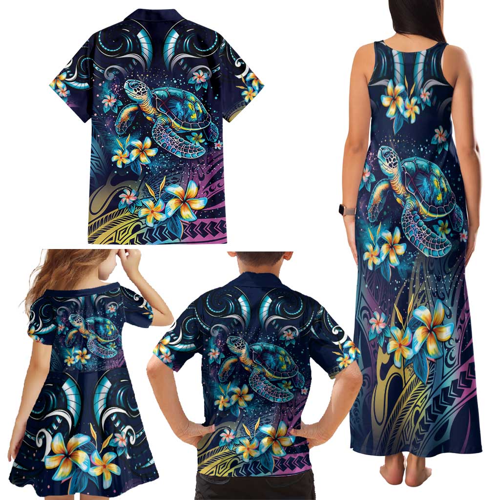Plumeria Turtles Traditional Tribal Family Matching Tank Maxi Dress and Hawaiian Shirt