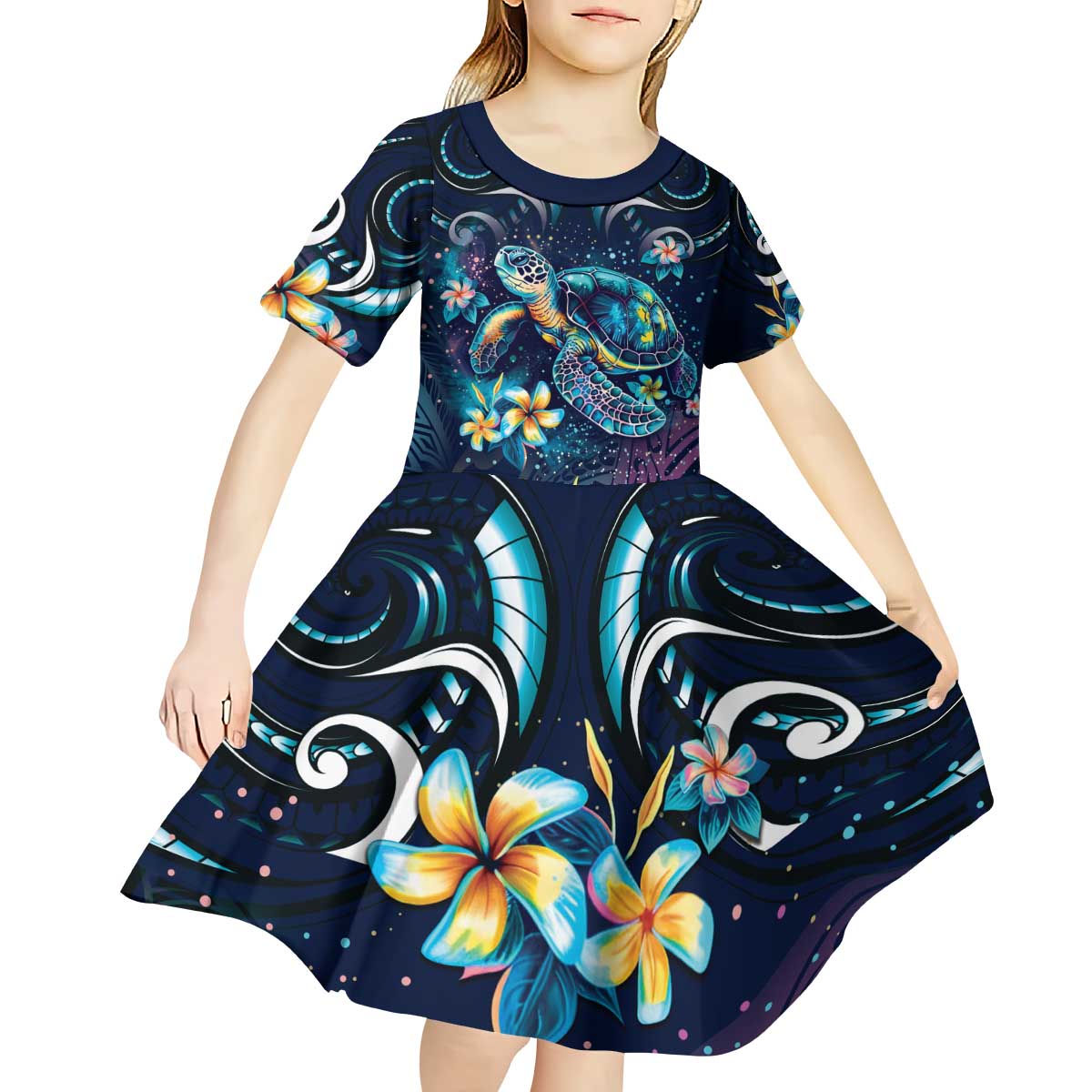 Plumeria Turtles Traditional Tribal Kid Short Sleeve Dress