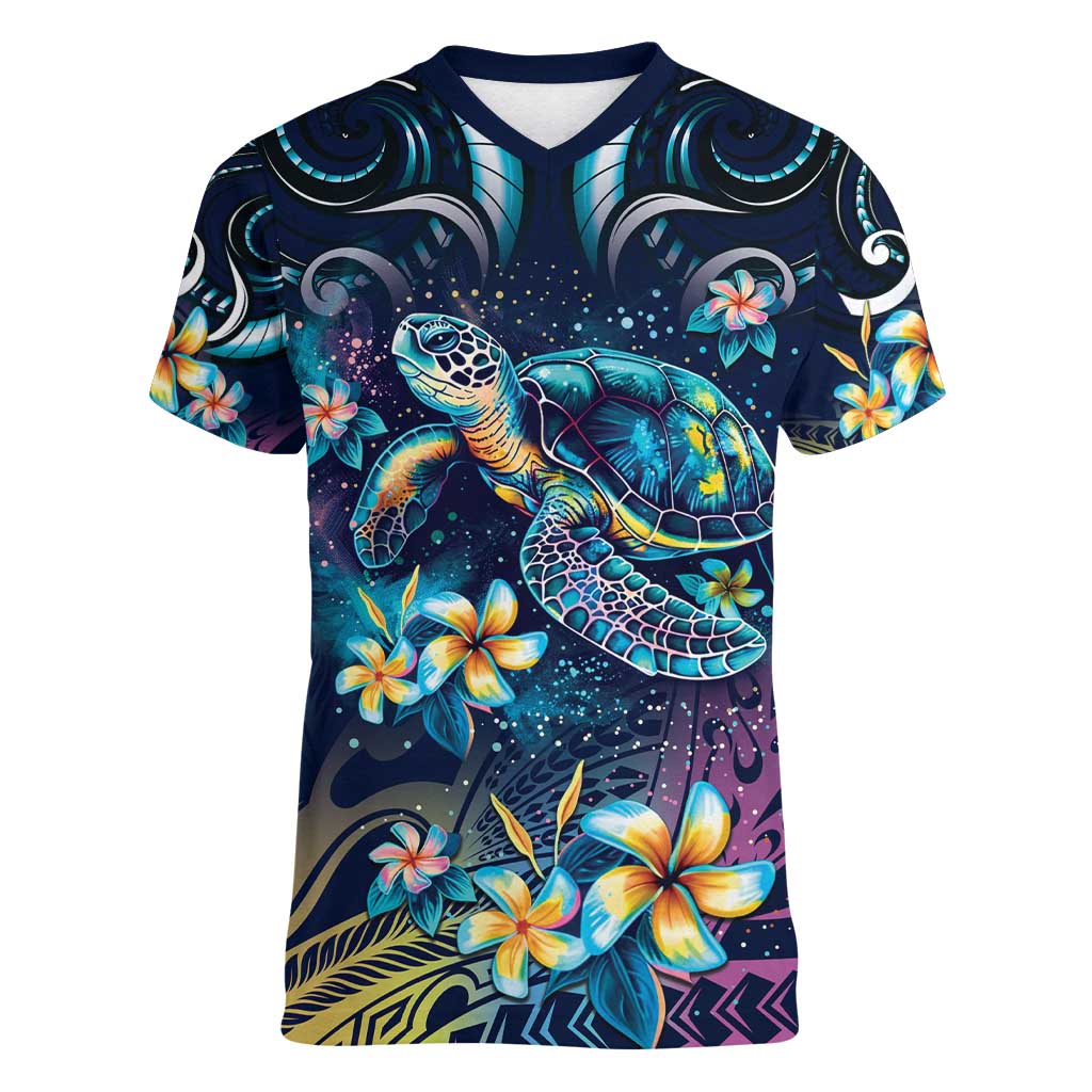 Plumeria Turtles Traditional Tribal Women V-Neck T-Shirt