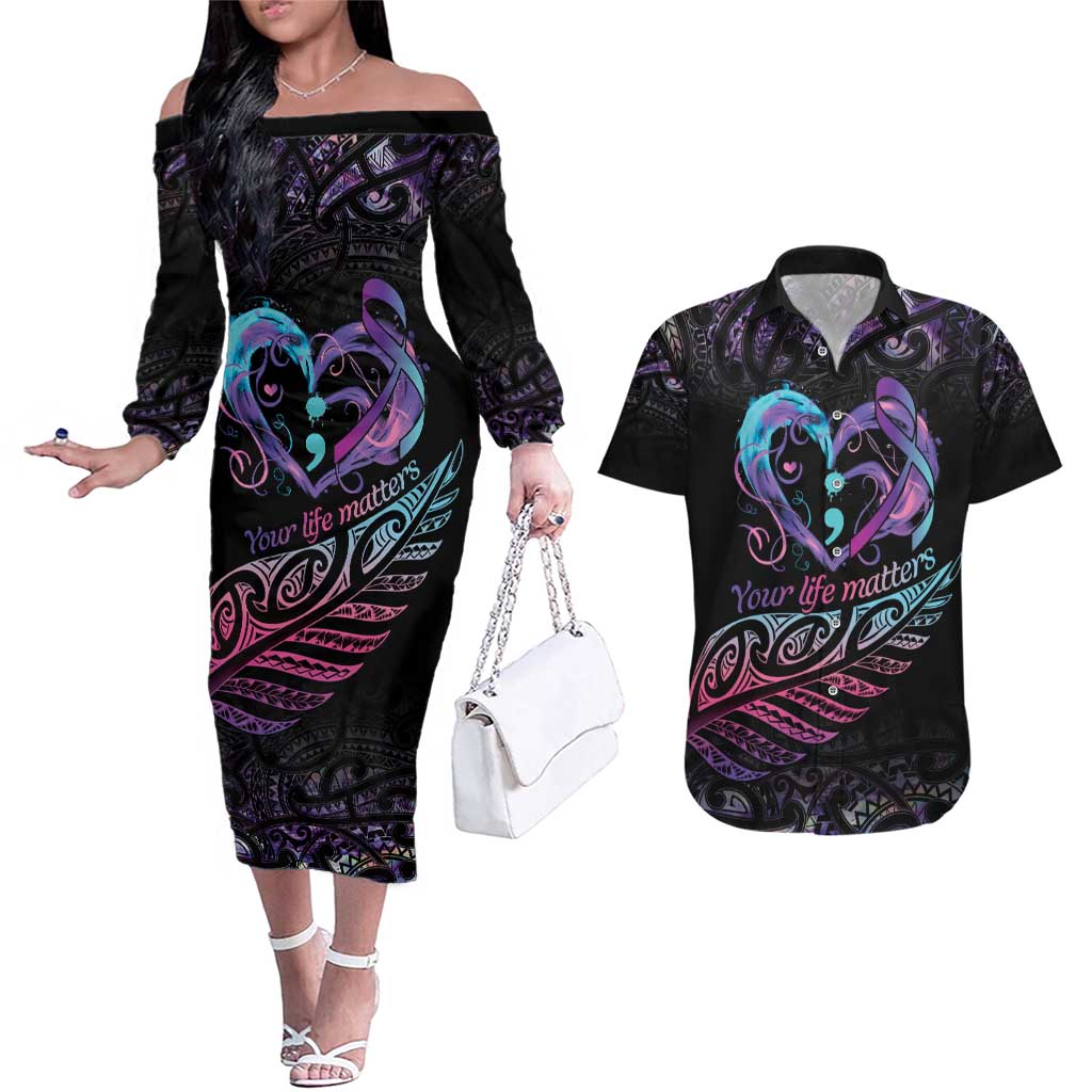 Personalised Your Life Matters Couples Matching Off The Shoulder Long Sleeve Dress and Hawaiian Shirt Suicide Prevention Awareness Semicolon Heart