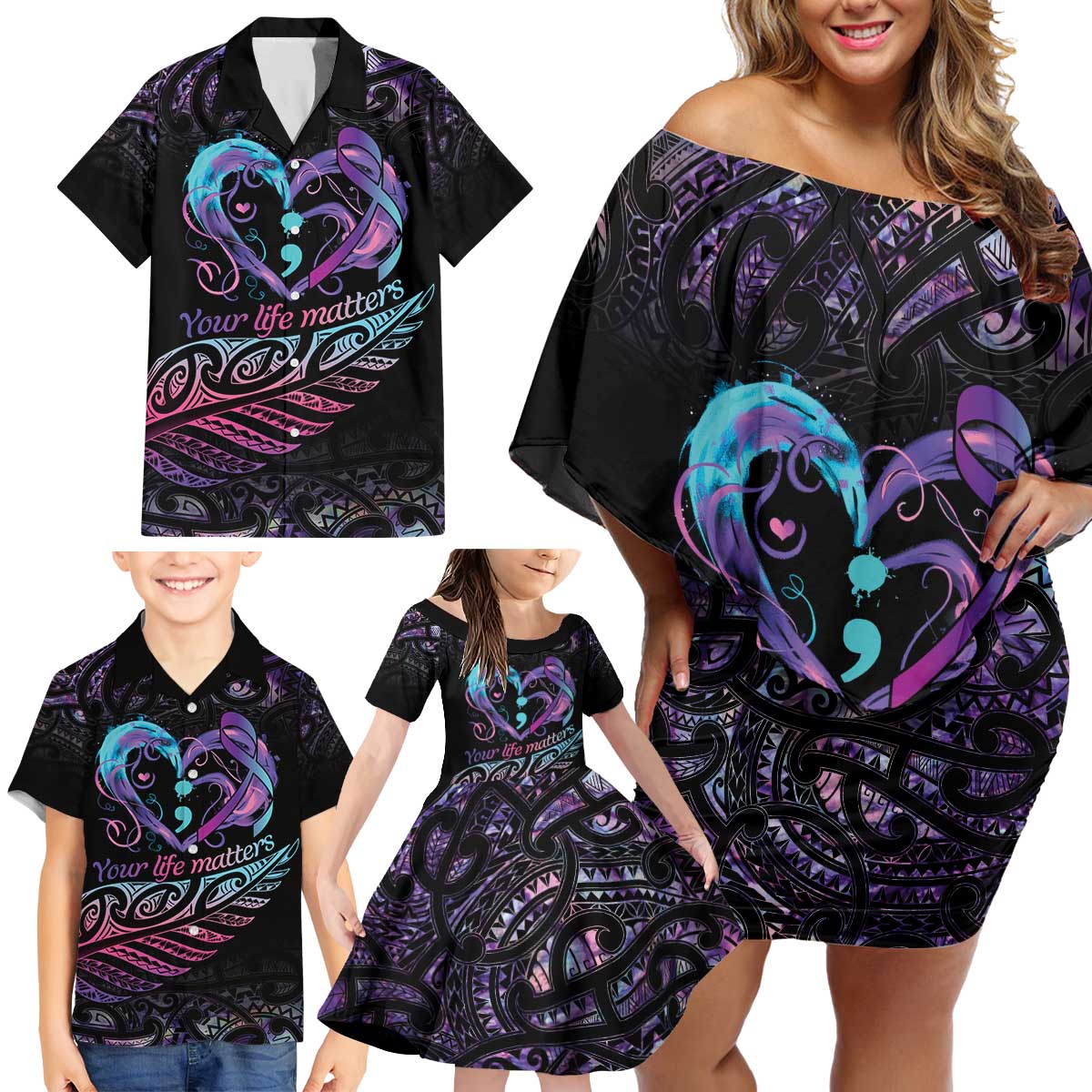 Personalised Your Life Matters Family Matching Off Shoulder Short Dress and Hawaiian Shirt Suicide Prevention Awareness Semicolon Heart