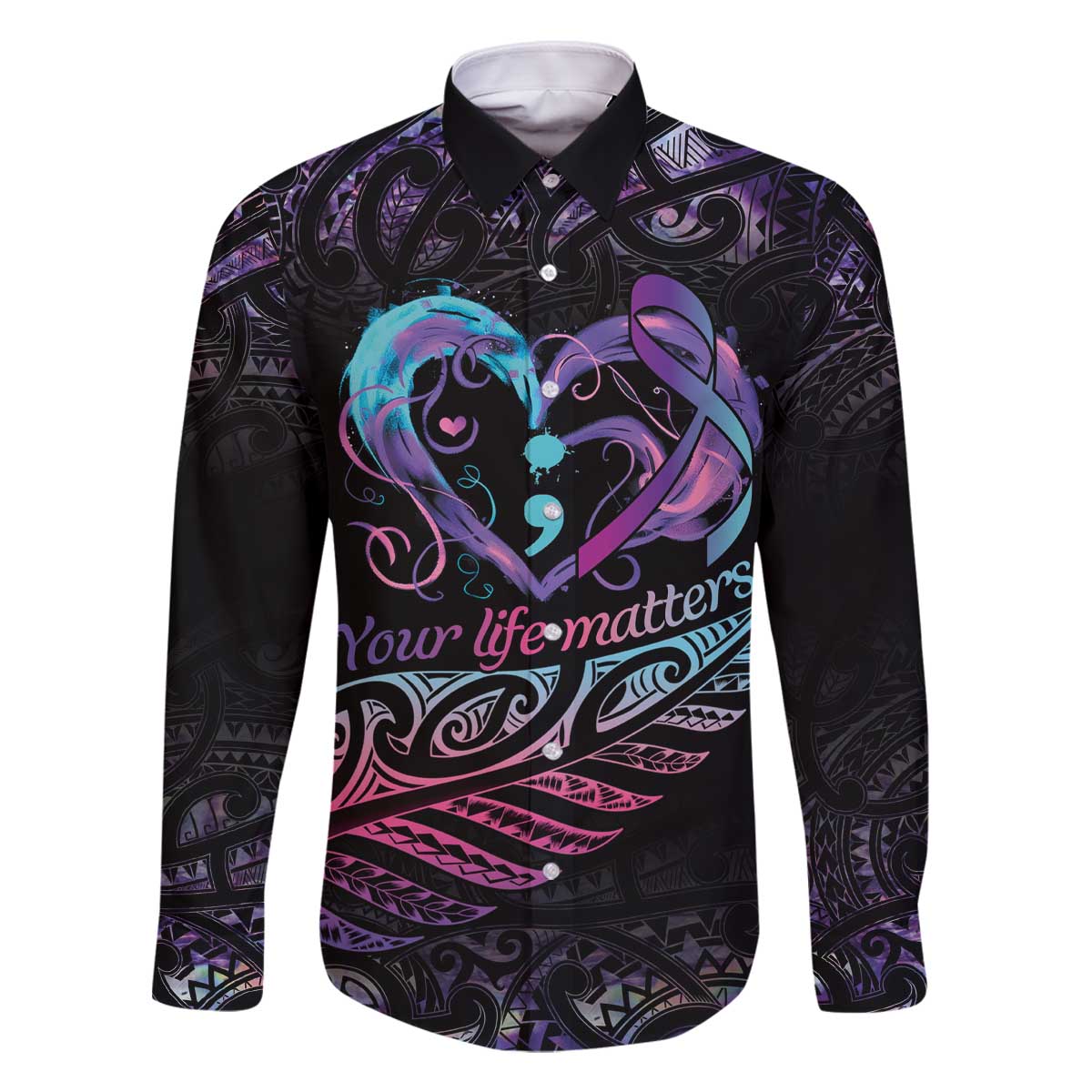 Personalised Your Life Matters Family Matching Off Shoulder Short Dress and Hawaiian Shirt Suicide Prevention Awareness Semicolon Heart