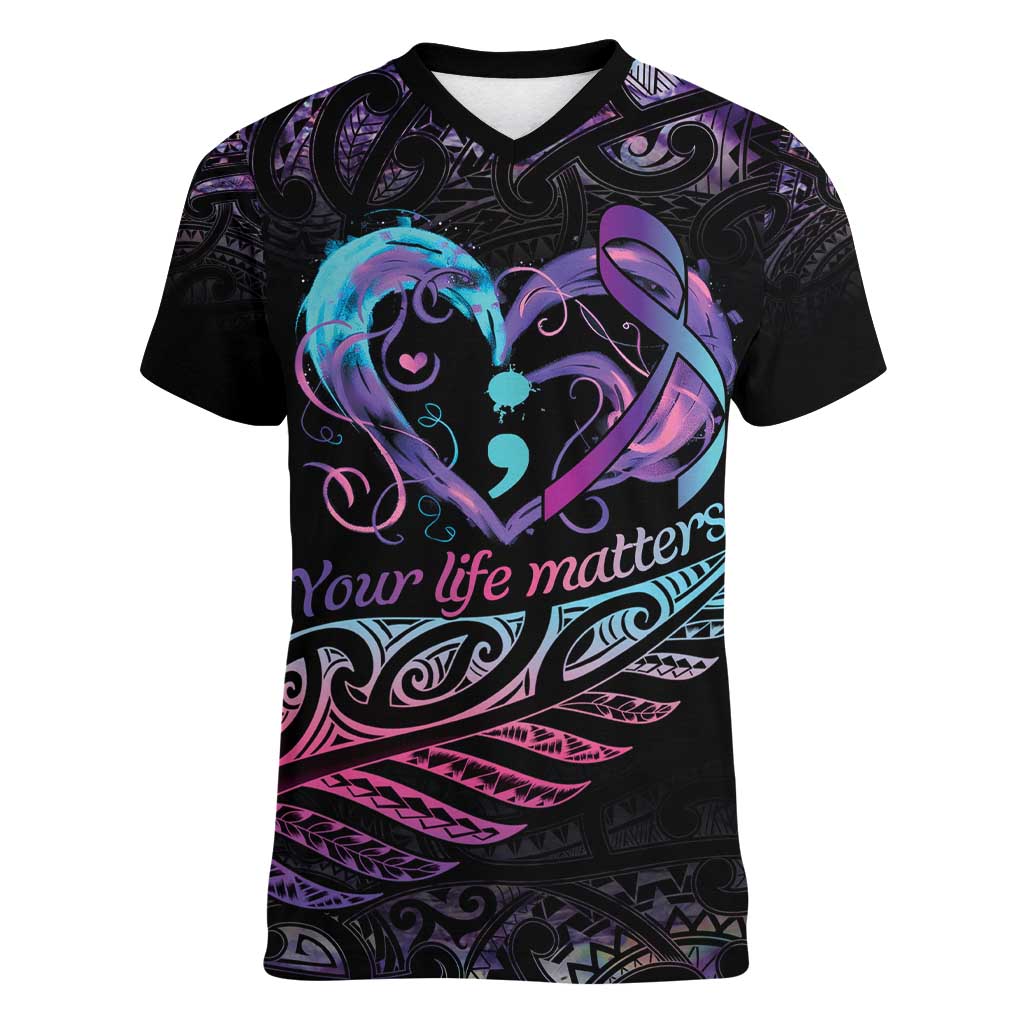 Personalised Your Life Matters Women V-Neck T-Shirt Suicide Prevention Awareness Semicolon Heart