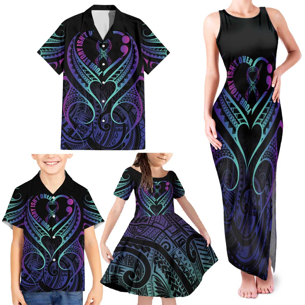 Personalised Your Story Isn't Over Family Matching Tank Maxi Dress and Hawaiian Shirt Suicide Prevention Awareness Semicolon Heart