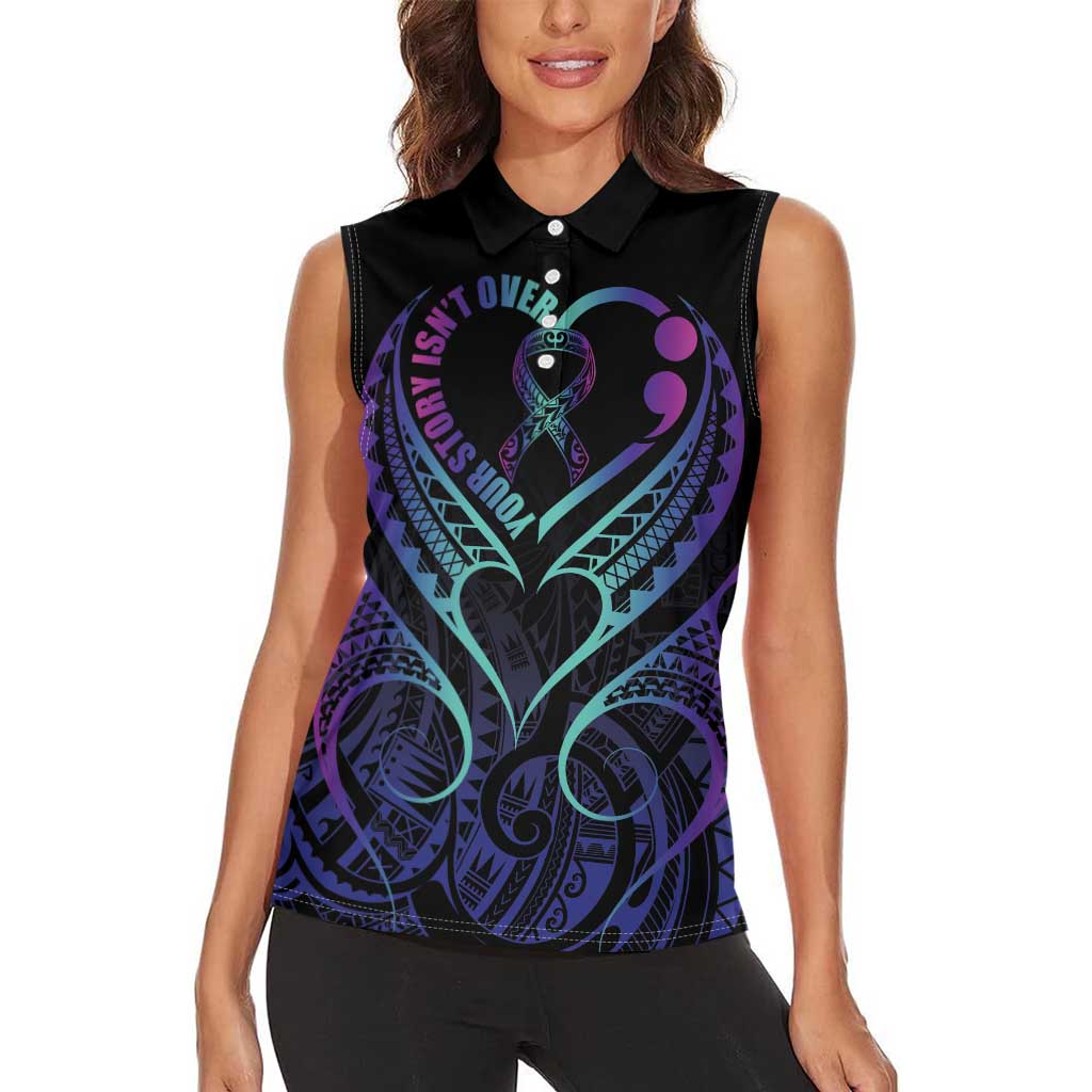 Personalised Your Story Isn't Over Women Sleeveless Polo Shirt Suicide Prevention Awareness Semicolon Heart