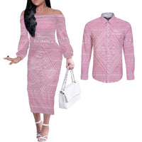 Custom New Zealand Basketball Indigenous Couples Matching Off The Shoulder Long Sleeve Dress and Long Sleeve Button Shirt LT9 Pink - Polynesian Pride
