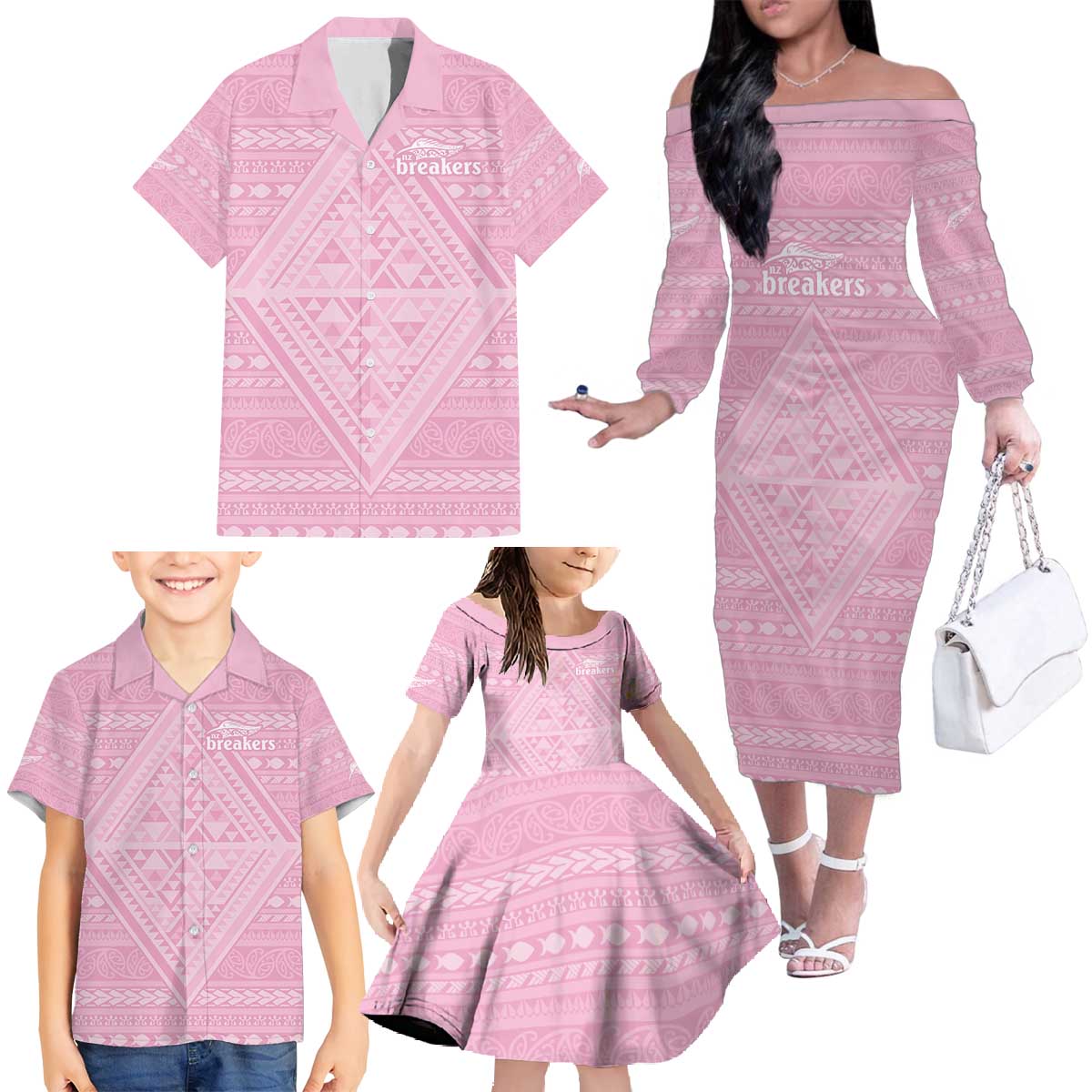 Custom New Zealand Basketball Indigenous Family Matching Off The Shoulder Long Sleeve Dress and Hawaiian Shirt - Polynesian Pride