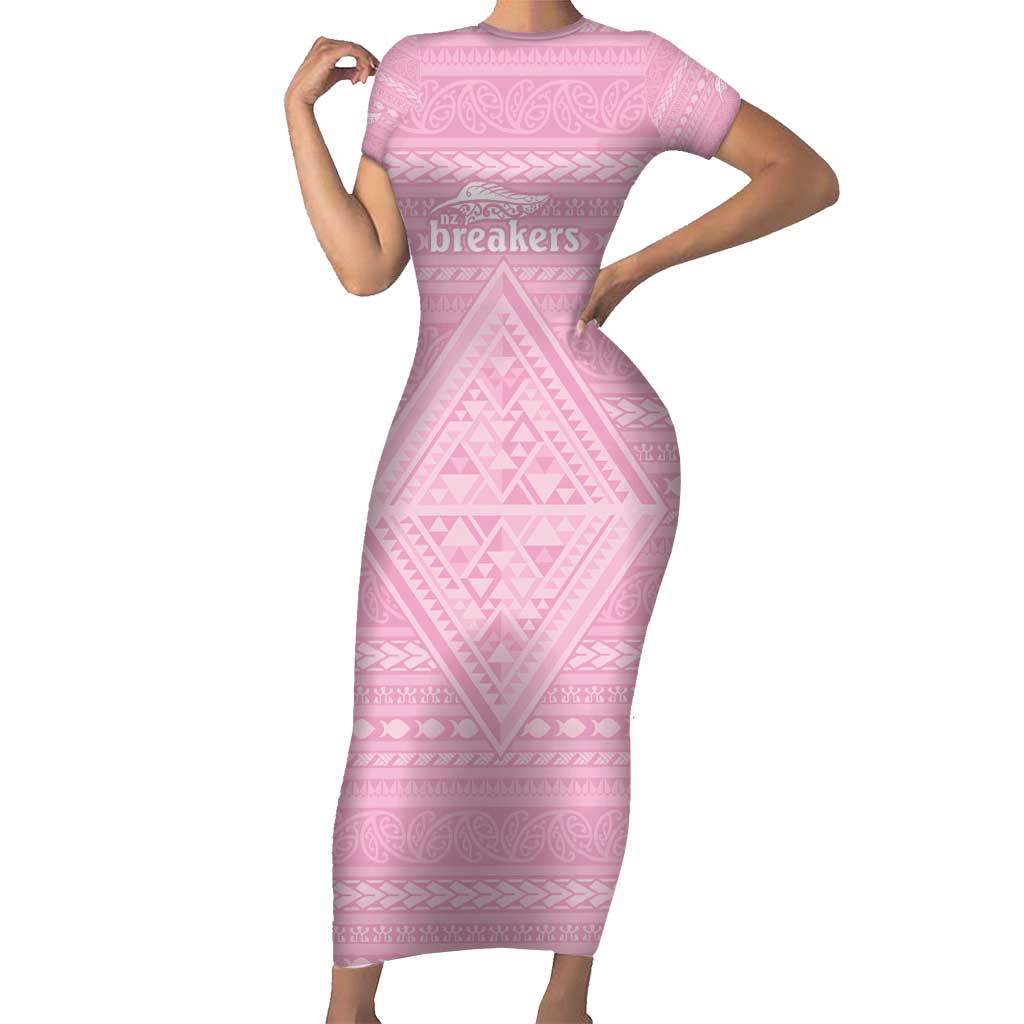Custom New Zealand Basketball Indigenous Family Matching Short Sleeve Bodycon Dress and Hawaiian Shirt LT9 Mom's Dress Pink - Polynesian Pride