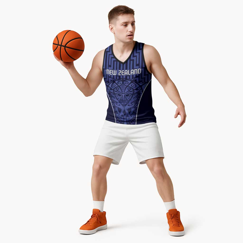 Custom Basketball New Zealand Basketball Jersey Blue Maori Ta Moko Indigenous - Polynesian Pride