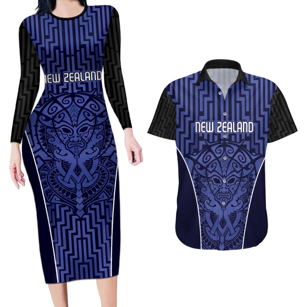 Custom Basketball New Zealand Couples Matching Long Sleeve Bodycon Dress and Hawaiian Shirt Blue Maori Ta Moko Indigenous LT9 Blue - Polynesian Pride