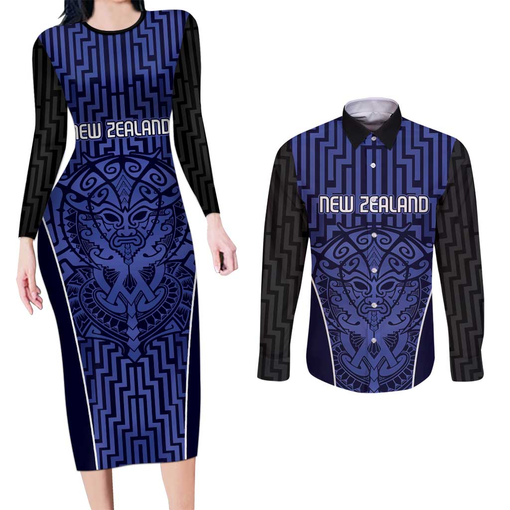 Custom Basketball New Zealand Couples Matching Long Sleeve Bodycon Dress and Long Sleeve Button Shirt Blue Maori Ta Moko Indigenous LT9 Blue - Polynesian Pride