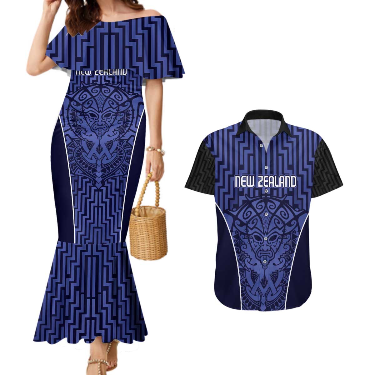 Custom Basketball New Zealand Couples Matching Mermaid Dress and Hawaiian Shirt Blue Maori Ta Moko Indigenous - Polynesian Pride