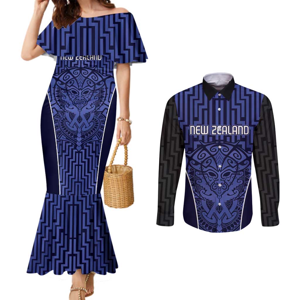 Custom Basketball New Zealand Couples Matching Mermaid Dress and Long Sleeve Button Shirt Blue Maori Ta Moko Indigenous LT9 Blue - Polynesian Pride
