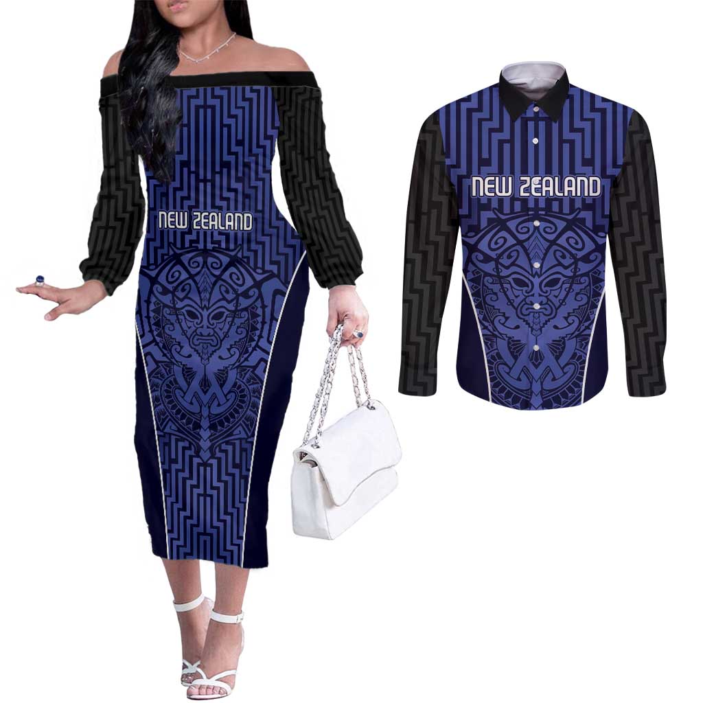 Custom Basketball New Zealand Couples Matching Off The Shoulder Long Sleeve Dress and Long Sleeve Button Shirt Blue Maori Ta Moko Indigenous - Polynesian Pride