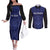 Custom Basketball New Zealand Couples Matching Off The Shoulder Long Sleeve Dress and Long Sleeve Button Shirt Blue Maori Ta Moko Indigenous - Polynesian Pride