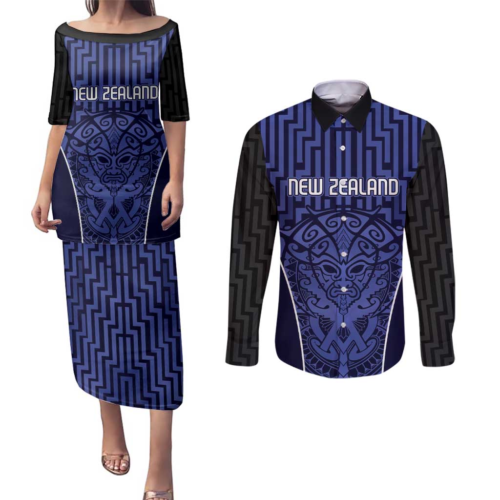 Custom Basketball New Zealand Couples Matching Puletasi and Long Sleeve Button Shirt Blue Maori Ta Moko Indigenous - Polynesian Pride