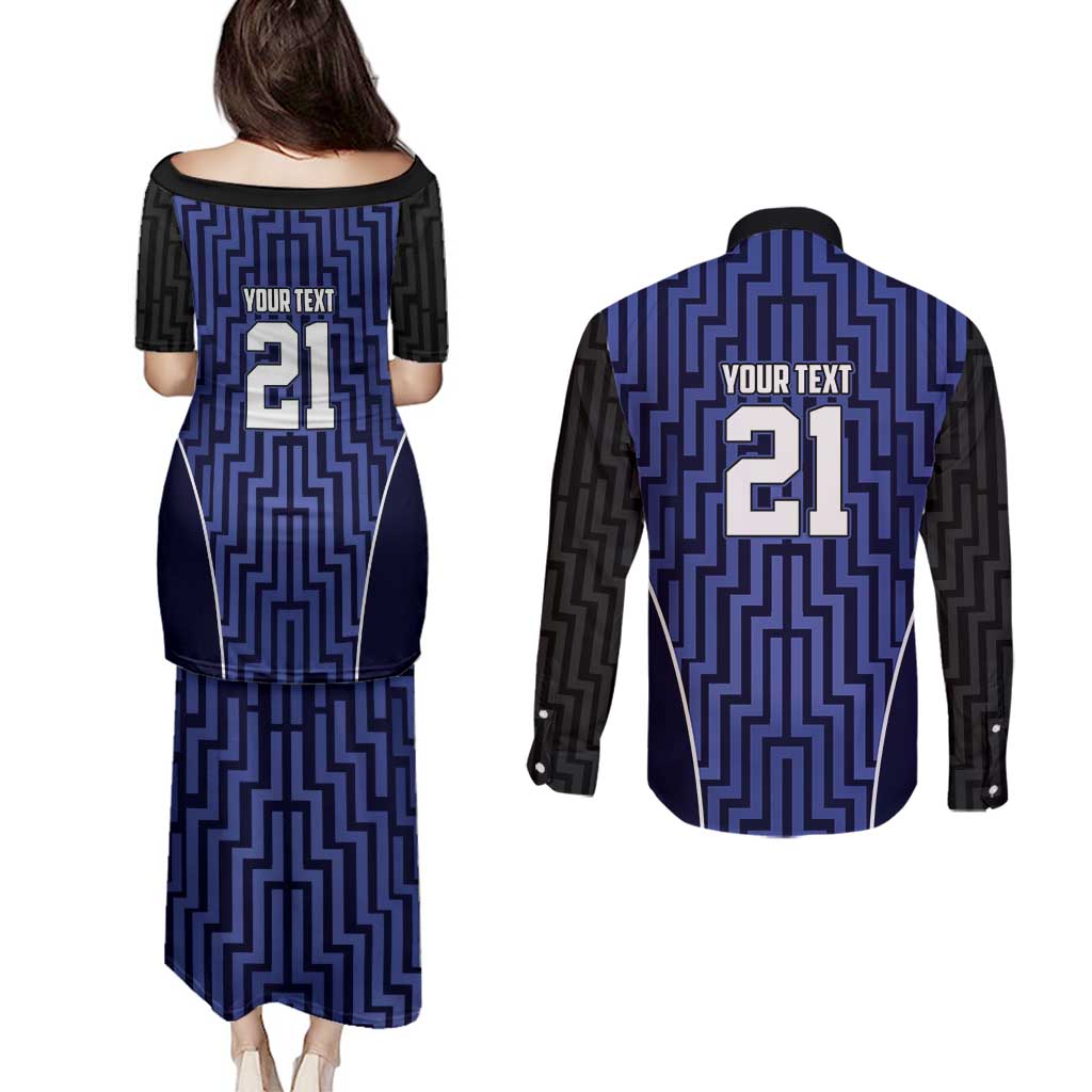 Custom Basketball New Zealand Couples Matching Puletasi and Long Sleeve Button Shirt Blue Maori Ta Moko Indigenous - Polynesian Pride