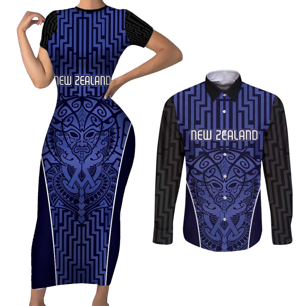 Custom Basketball New Zealand Couples Matching Short Sleeve Bodycon Dress and Long Sleeve Button Shirt Blue Maori Ta Moko Indigenous LT9 Blue - Polynesian Pride