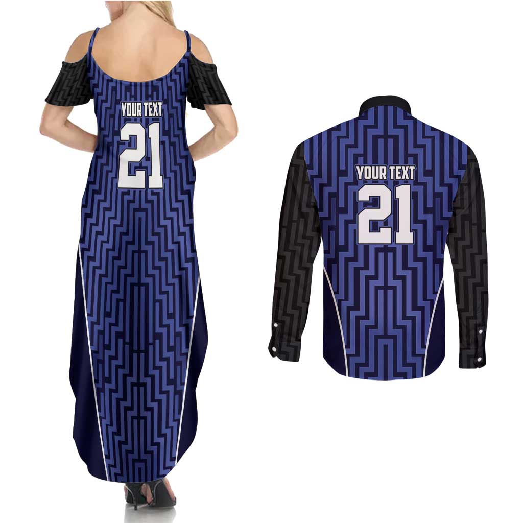 Custom Basketball New Zealand Couples Matching Summer Maxi Dress and Long Sleeve Button Shirt Blue Maori Ta Moko Indigenous LT9 - Polynesian Pride