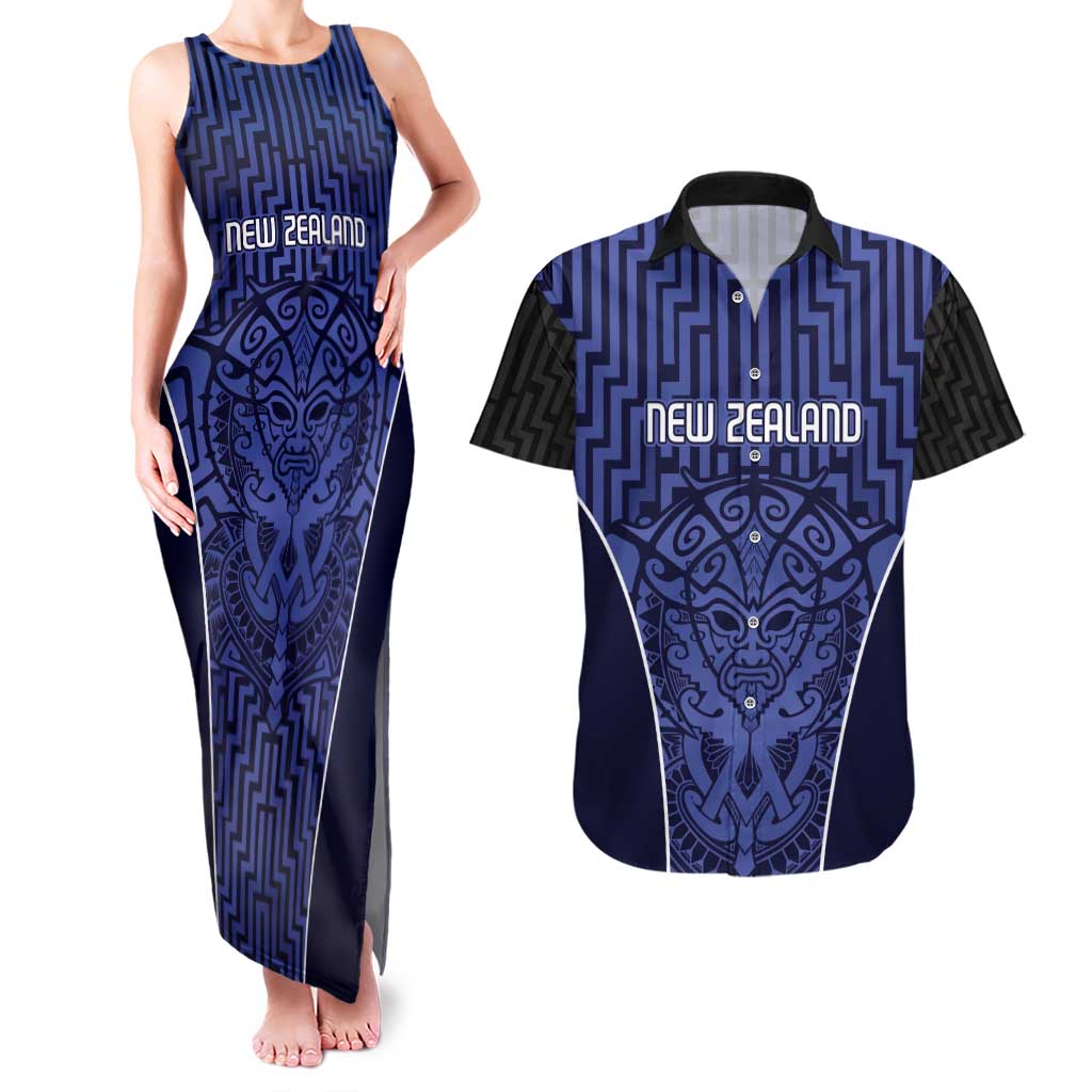 Custom Basketball New Zealand Couples Matching Tank Maxi Dress and Hawaiian Shirt Blue Maori Ta Moko Indigenous LT9 Blue - Polynesian Pride