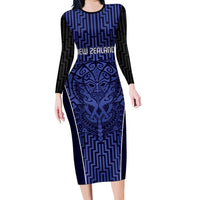 Custom Basketball New Zealand Family Matching Long Sleeve Bodycon Dress and Hawaiian Shirt Blue Maori Ta Moko Indigenous LT9 Mom's Dress Blue - Polynesian Pride