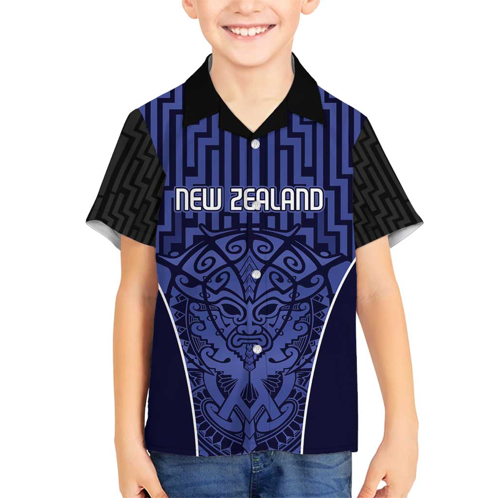 Custom Basketball New Zealand Family Matching Off Shoulder Maxi Dress and Hawaiian Shirt Blue Maori Ta Moko Indigenous LT9 Son's Shirt Blue - Polynesian Pride