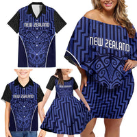 Custom Basketball New Zealand Family Matching Off Shoulder Short Dress and Hawaiian Shirt Blue Maori Ta Moko Indigenous LT9 - Polynesian Pride