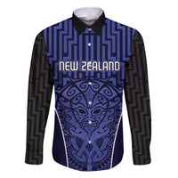 Custom Basketball New Zealand Family Matching Off Shoulder Short Dress and Hawaiian Shirt Blue Maori Ta Moko Indigenous LT9 Dad's Shirt - Long Sleeve Blue - Polynesian Pride