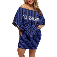 Custom Basketball New Zealand Family Matching Off Shoulder Short Dress and Hawaiian Shirt Blue Maori Ta Moko Indigenous LT9 Mom's Dress Blue - Polynesian Pride