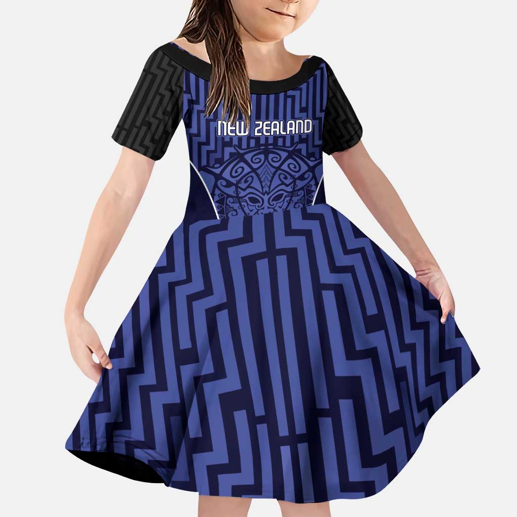 Custom Basketball New Zealand Family Matching Puletasi and Hawaiian Shirt Blue Maori Ta Moko Indigenous LT9 Daughter's Dress Blue - Polynesian Pride