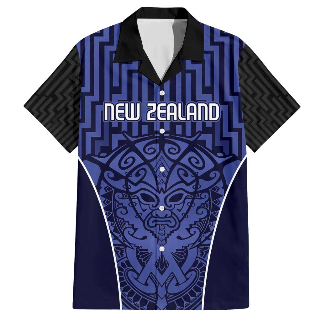 Custom Basketball New Zealand Family Matching Puletasi and Hawaiian Shirt Blue Maori Ta Moko Indigenous LT9 Dad's Shirt - Short Sleeve Blue - Polynesian Pride