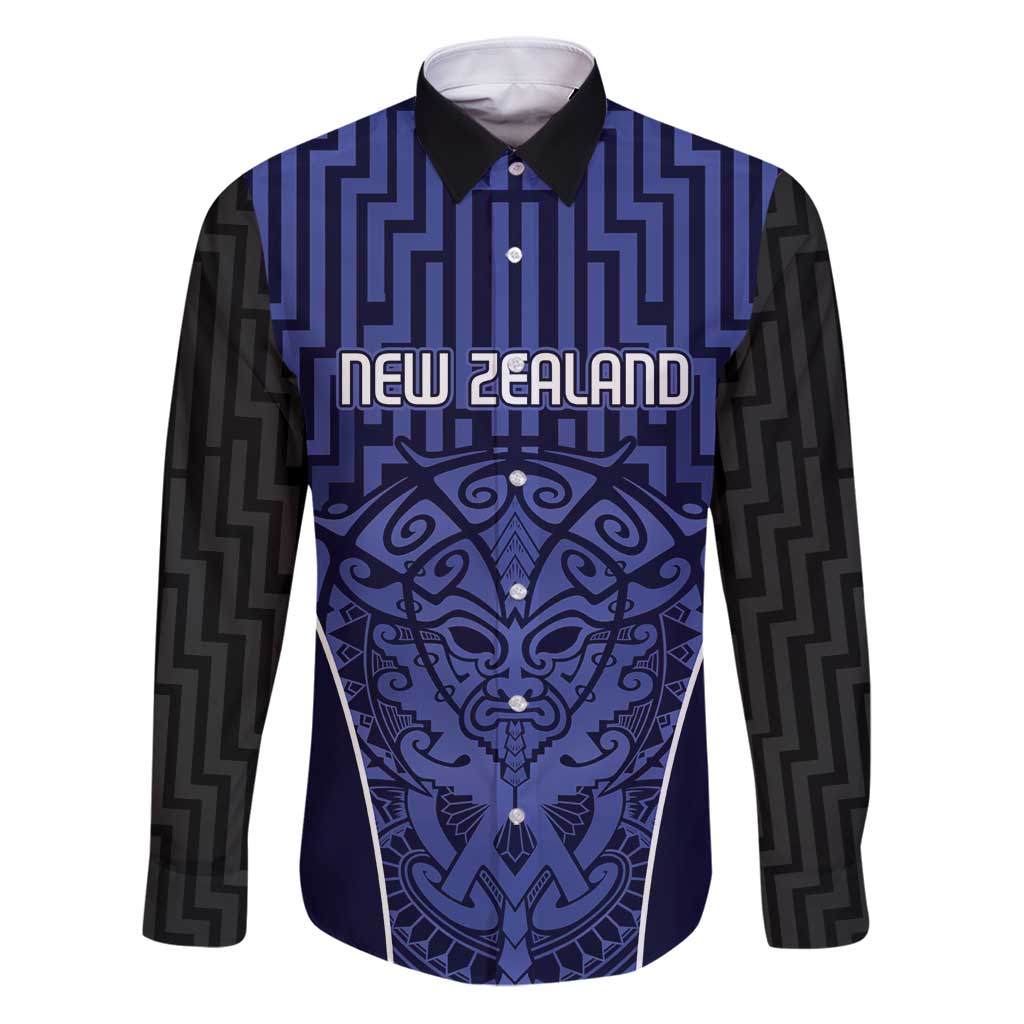 Custom Basketball New Zealand Family Matching Puletasi and Hawaiian Shirt Blue Maori Ta Moko Indigenous LT9 Dad's Shirt - Long Sleeve Blue - Polynesian Pride